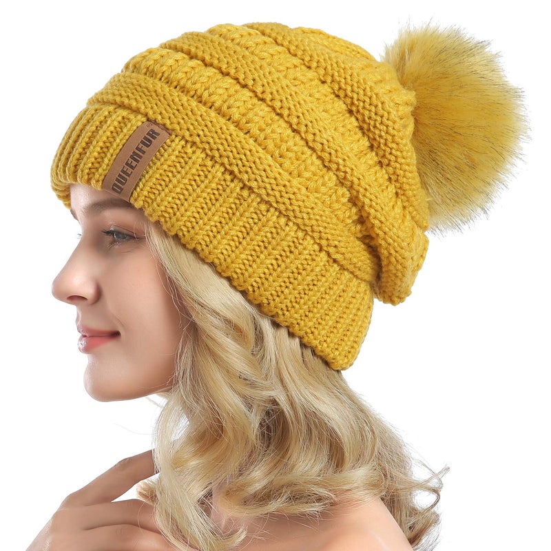 QUEENFUR Women Knit Slouchy Beanie Chunky Baggy Hat with Faux Fur Pompom Winter Soft Warm Ski Cap - Image 3